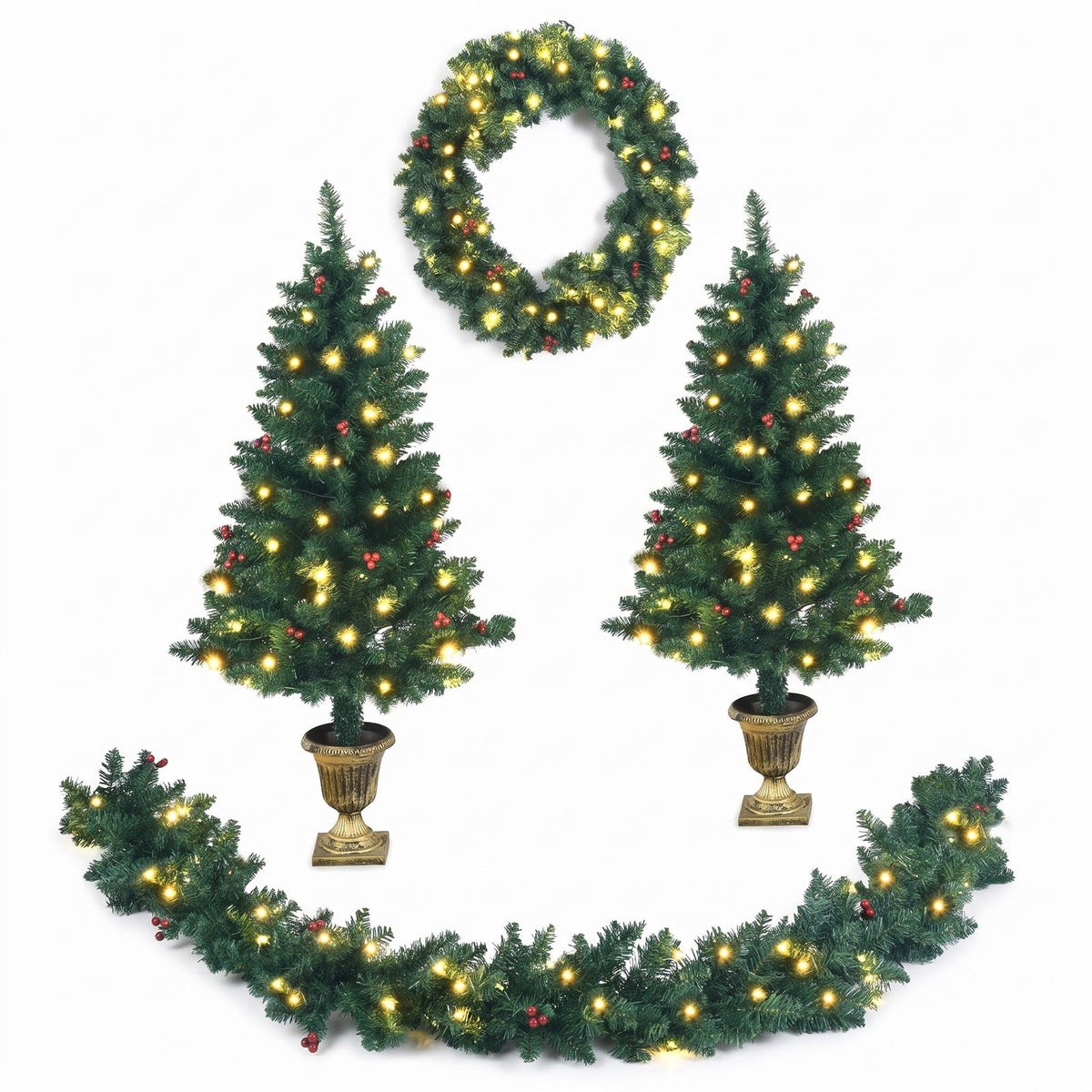 Airfind 4 Pieces Christmas Decoration Set with Garland Wreath and Entrance Trees, Green, diameter 24in, Number of LED lights 200 Battery