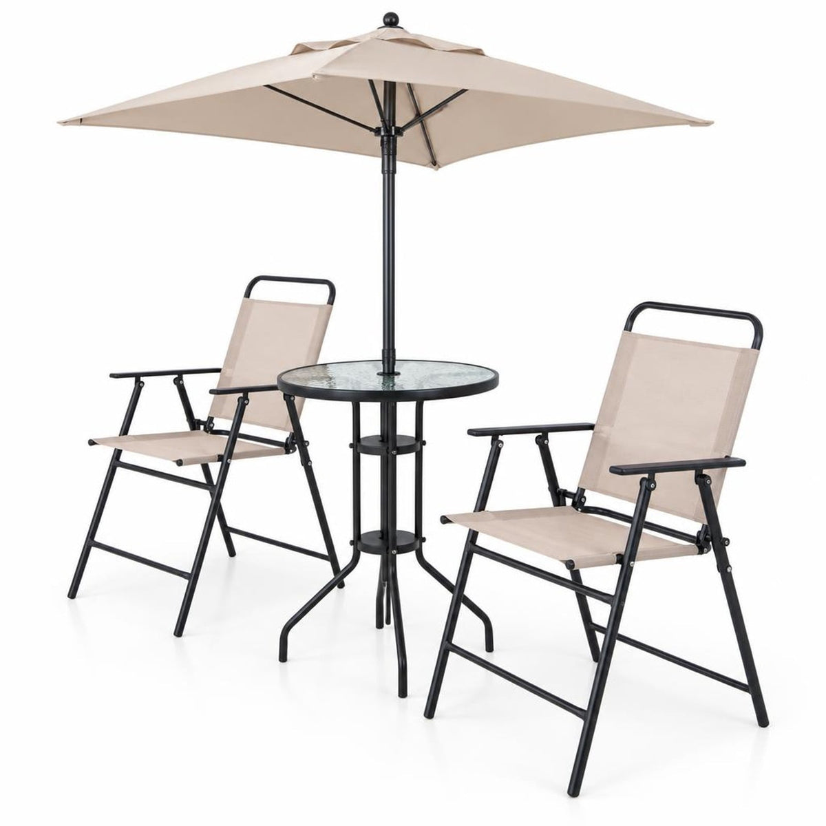 Airfind 4 Pieces Outdoor Bar Set with Umbrella, 110 lbs Capacity, Fabric Metal Tempered Glass Polyester Frame, 24 x 24 x 36 Footprint, Beige