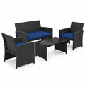 Airfind 4 Pieces Patio Furniture Set with Tempered Glass Tabletop and Removable Cushion, 400 lbs Capacity, Rattan Steel Sponge Frame, Navy
