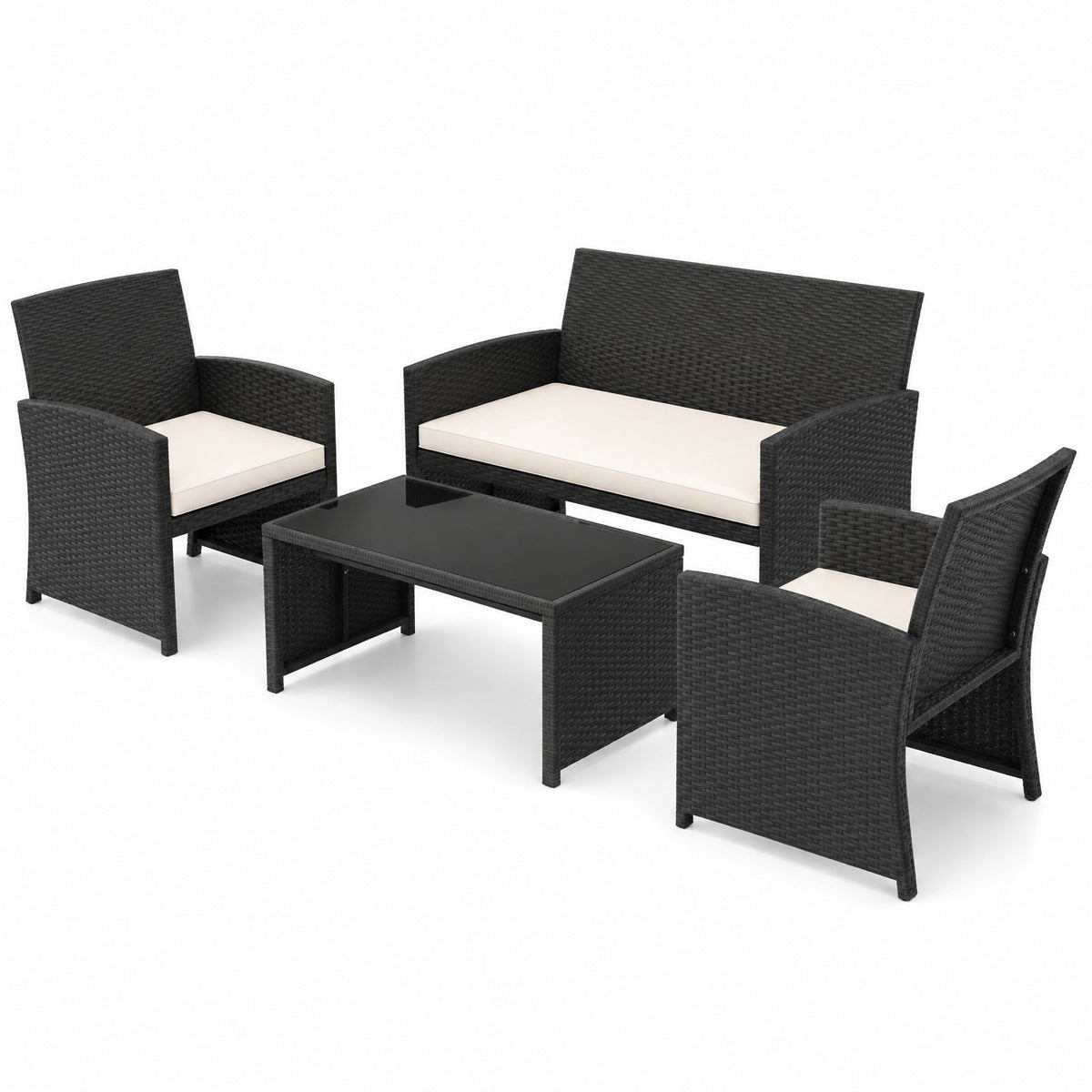 Airfind 4 Pieces Patio Furniture Set with Tempered Glass Tabletop and Removable Cushion, 400 lbs Capacity, Rattan Steel Sponge Frame, White