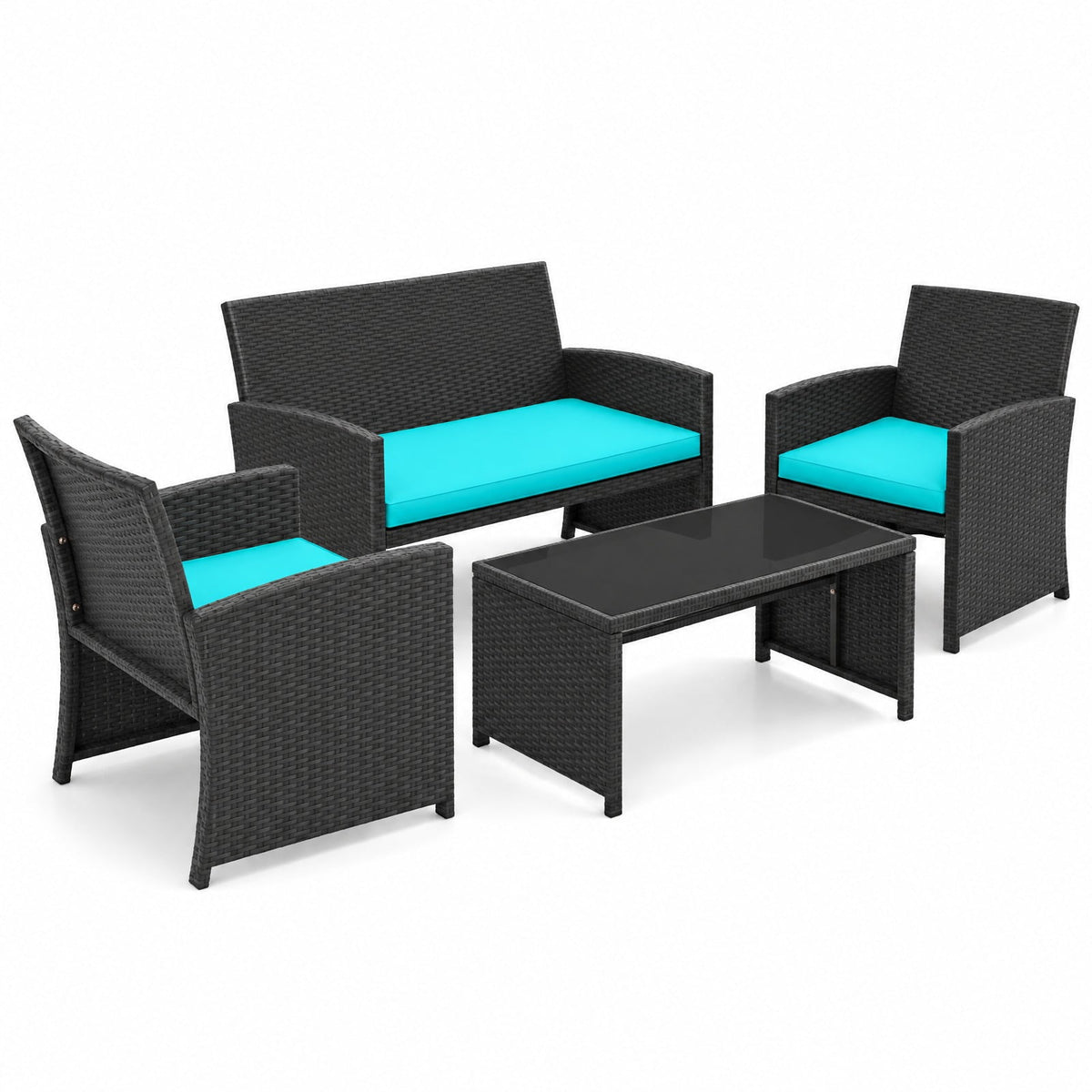 Airfind 4 Pieces Patio Furniture Set with Tempered Glass Tabletop and Removable Cushion, 400 lbs Capacity, Rattan Steel Sponge Frame, Turquoise