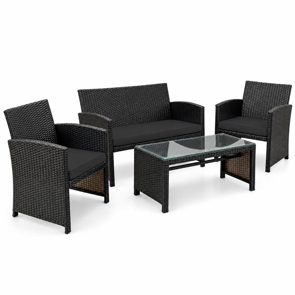 Airfind 4 Pieces Patio Rattan Cushioned Furniture Set with Coffee Table, Rattan Frame, 43.5 x 25 x 31 Footprint, Black