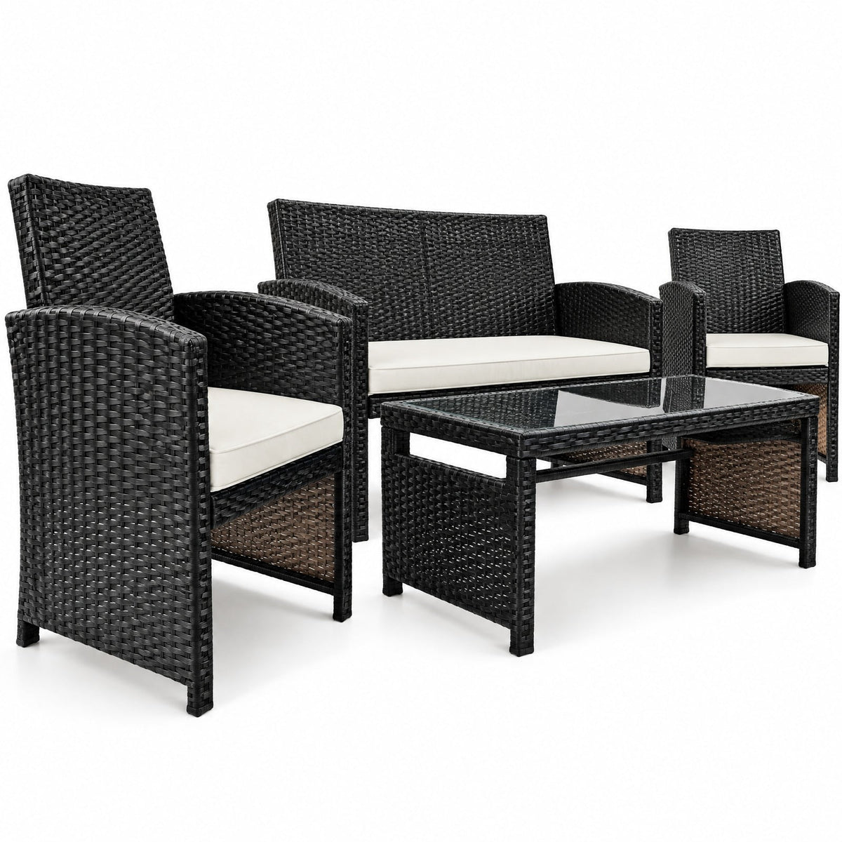 Airfind 4 Pieces Patio Rattan Cushioned Furniture Set with Coffee Table, Rattan Frame, 43.5 x 25 x 31 Footprint, White