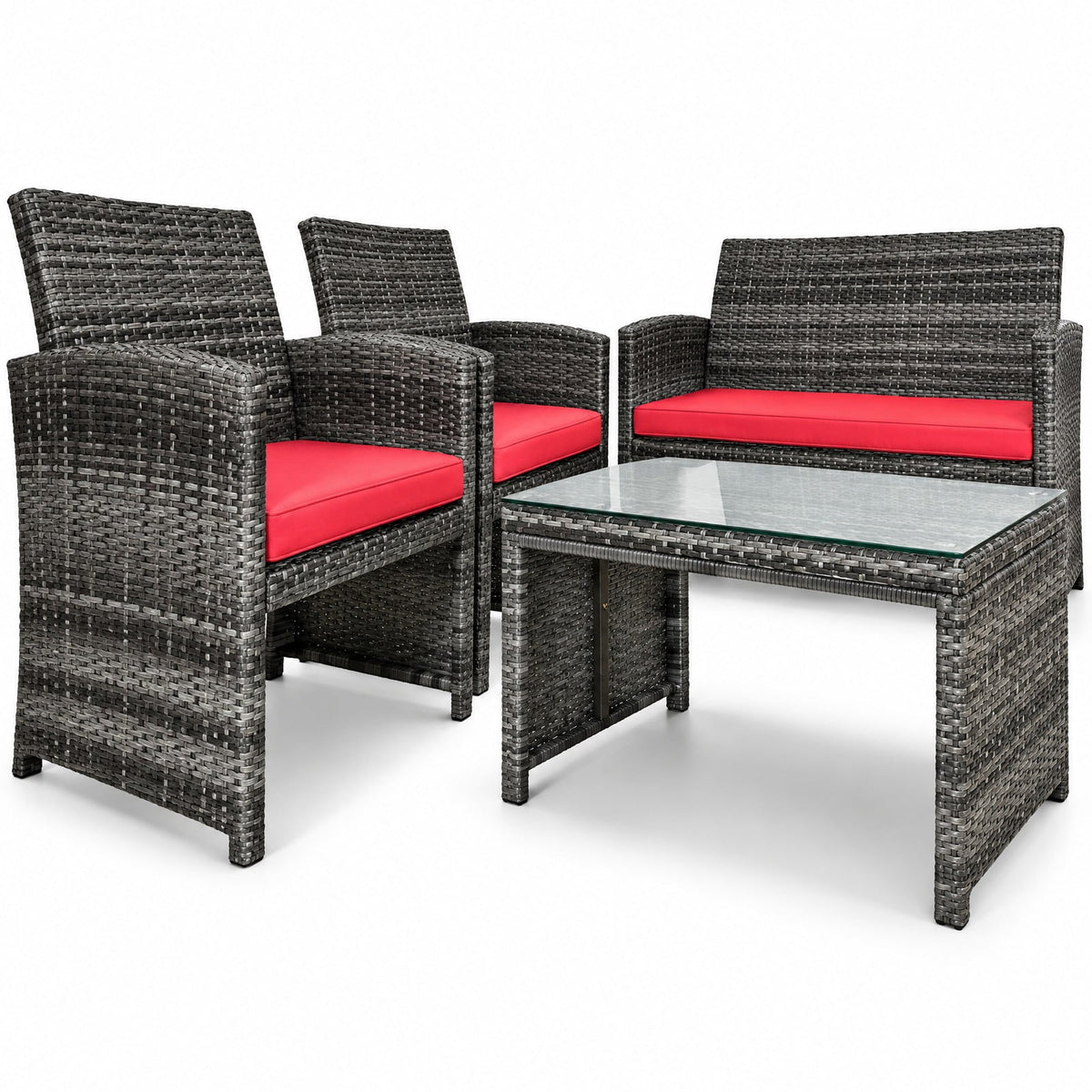 Airfind 4 Pieces Patio Rattan Furniture Set with Cushions, PE Rattan Polyester Fiber Steel Sponge Single Sofa Frame, Red