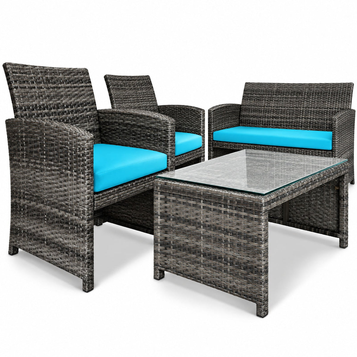 Airfind 4 Pieces Patio Rattan Furniture Set with Cushions, PE Rattan Polyester Fiber Steel Sponge Single Sofa Frame, Turquoise