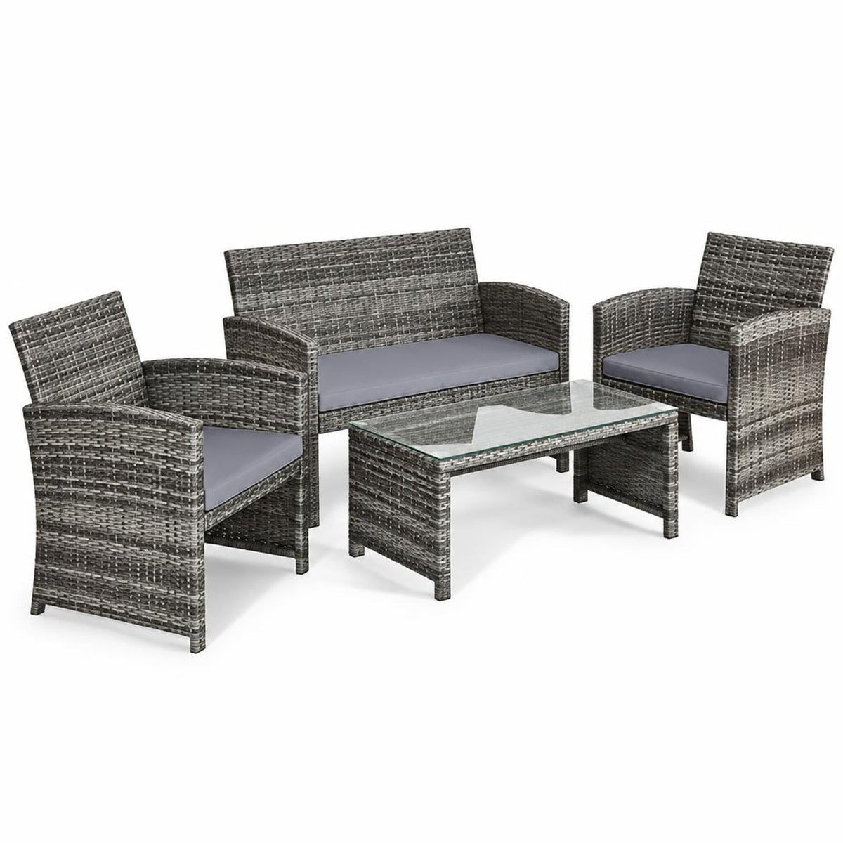 Airfind 4 Pieces Patio Rattan Furniture Set with Glass Table and Loveseat, PE Rattan Polyester Fiber Steel Sponge Single Sofa Frame, Gray