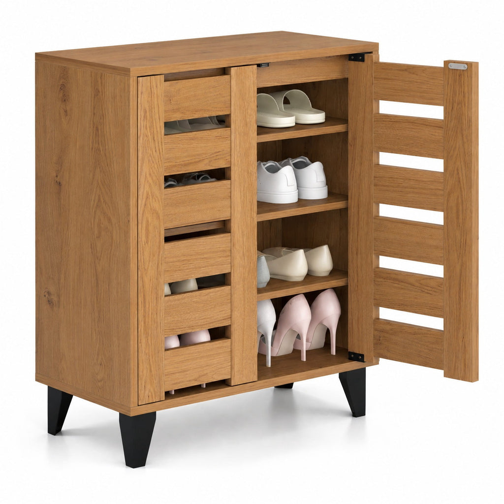 Airfind 4-Tier Farmhouse Shoe Organizer with Louvered Door, 110 lbs Capacity, MDF Engineered Wood Plastic Frame, 24 x 13 x 28 Footprint, Natural