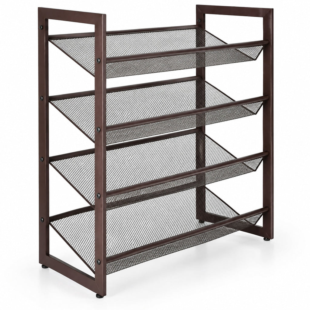 Airfind 4-Tier Flat and Slant Metal Shoe Rack for Entryway and Hallway, Steel Frame with Adjustable Mesh Shelves, 29 x 12 x 32.5, Brown
