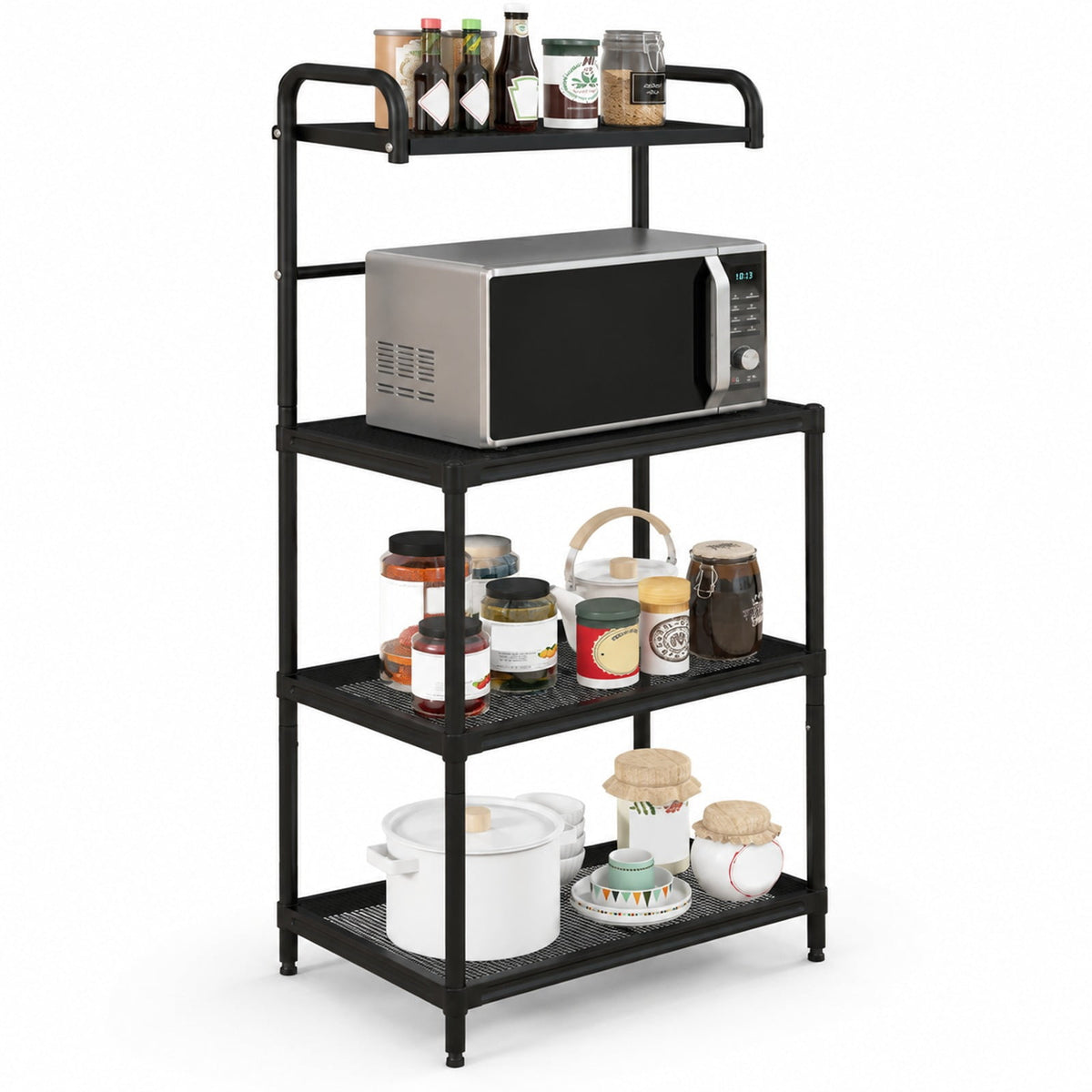 Airfind 4-Tier Kitchen Microwave Storage Rack with Metal Shelves, 55 lbs Capacity, Iron Frame, 23.5 x 13.5 x 53.5 Footprint, Black