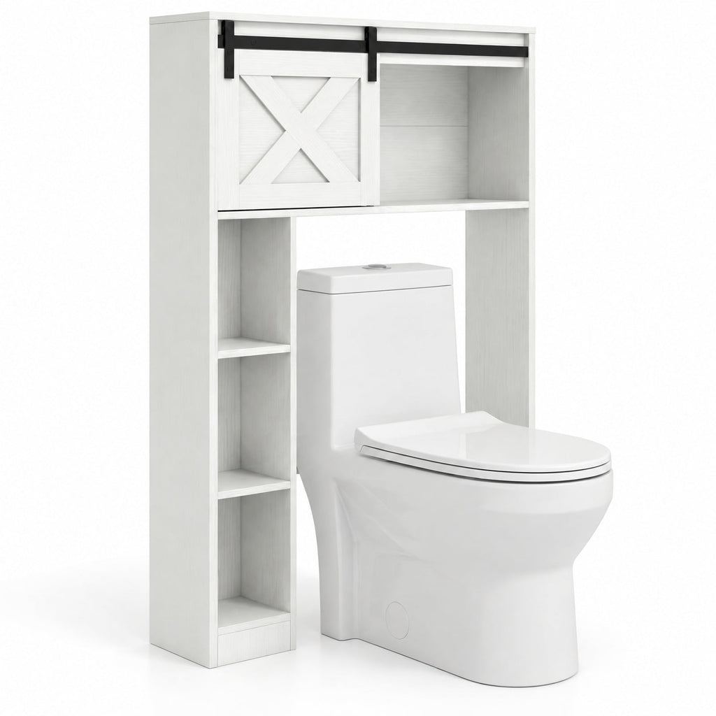 Airfind 4-Tier Over The Toilet Storage Cabinet with Sliding Barn Door and Storage Shelves, 154 lbs Capacity, Engineered Wood MDF Frame, White