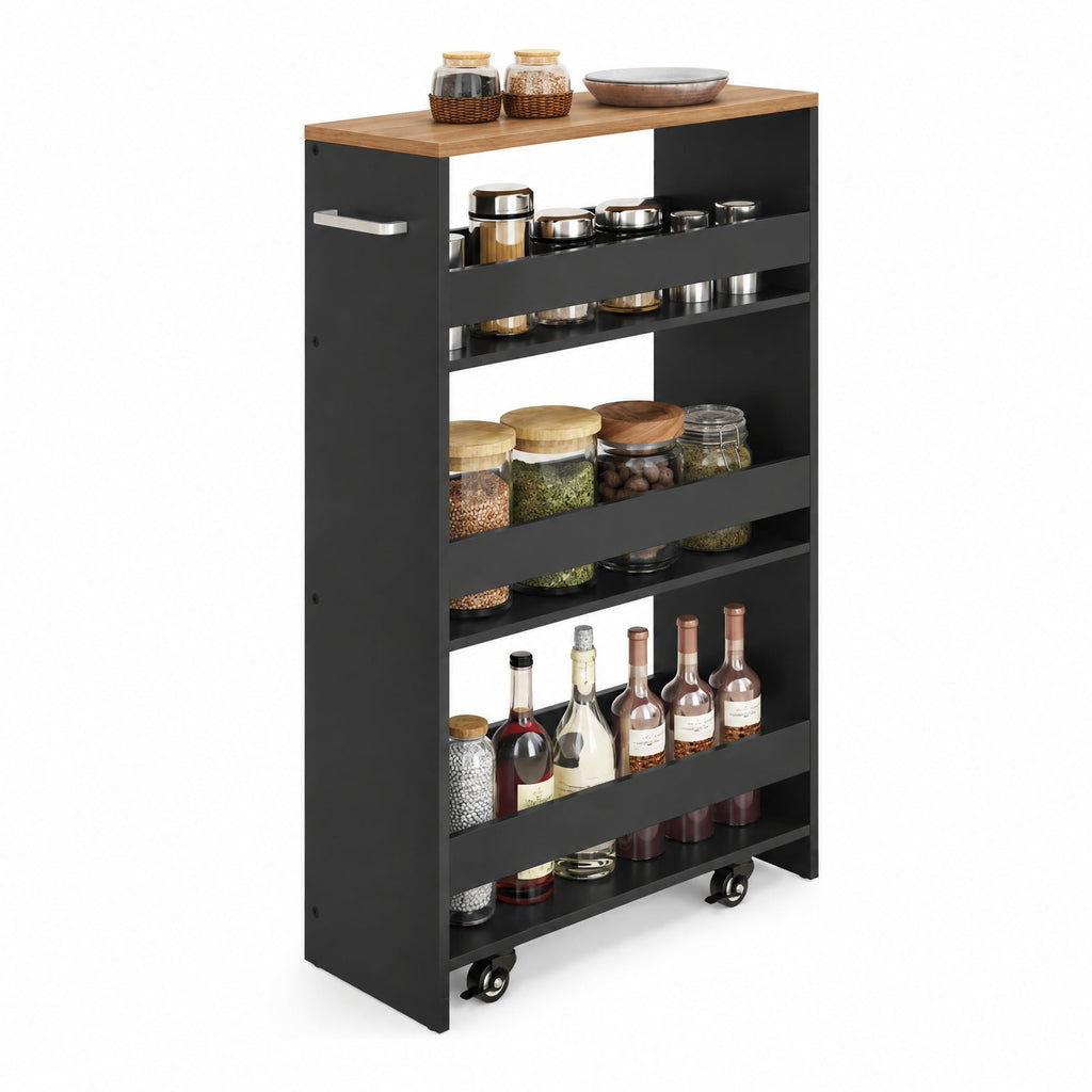 Airfind 4-Tier Rolling Storage Cart Slim Kitchen Cart on Wheels with Open Shelves and Handle, 15 lbs Capacity, Engineered Wood Metal Frame, Black