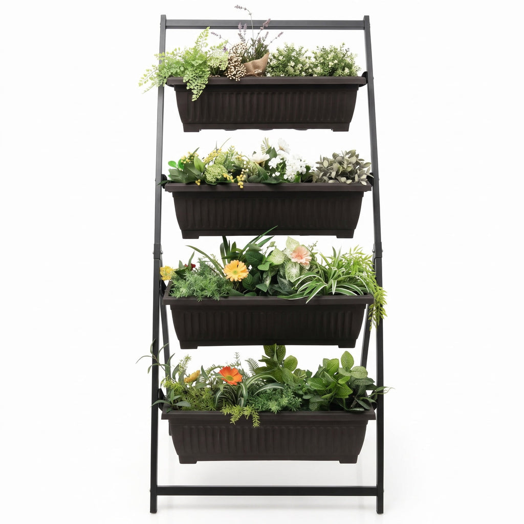 Airfind 4-Tier Vertical Raised Garden Bed with 4 Containers and Drainage Holes, Metal PE S Frame, 26 x 20.5 x 49 Single Footprint, Black+ Brown