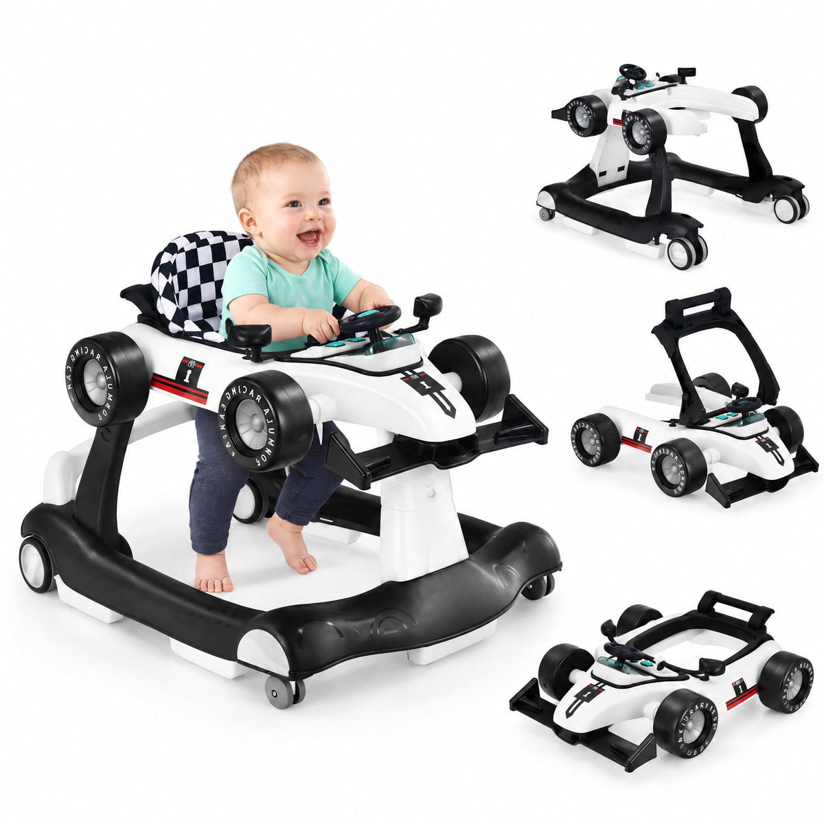 AIRFIND Baby Walker with 4 Activity Modes, 3 Adjustable Heights, Music and Lights, Rear Wheel Speed Control and Folding Frame, White