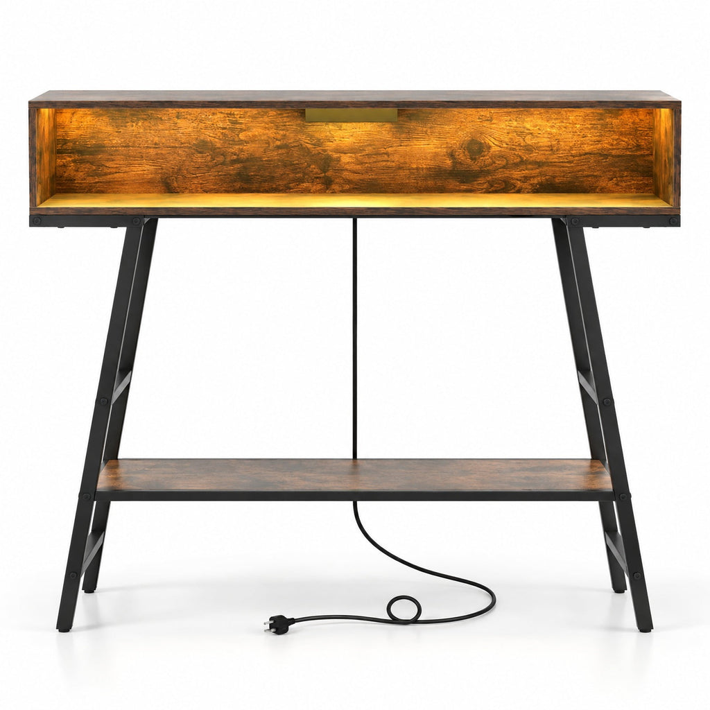 AIRFIND Console Table with Charging Station and RGB LED Lights, 40 inch Narrow Sofa Table with Open Storage and Metal Frame, Rustic Brown