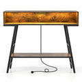 AIRFIND Console Table with Charging Station and RGB LED Lights, 40 inch Narrow Sofa Table with Open Storage and Metal Frame, Rustic Brown