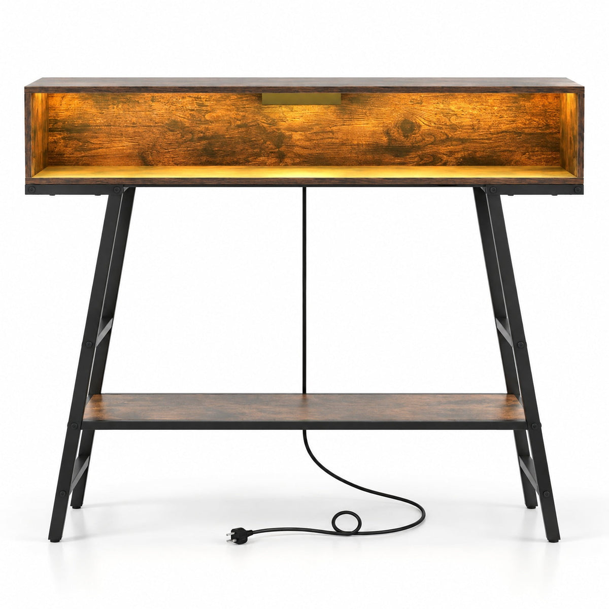 AIRFIND Console Table with Charging Station and RGB LED Lights, 40 inch Narrow Sofa Table with Open Storage and Metal Frame, Rustic Brown