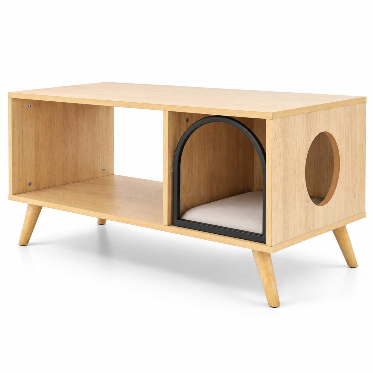Airfind 40 Inch Coffee Table Cat House 2-in-1 Wooden Kitten Furniture with Open Storage Shelf, 88 lbs Capacity, 40 x 20 x 18 Footprint, Natural
