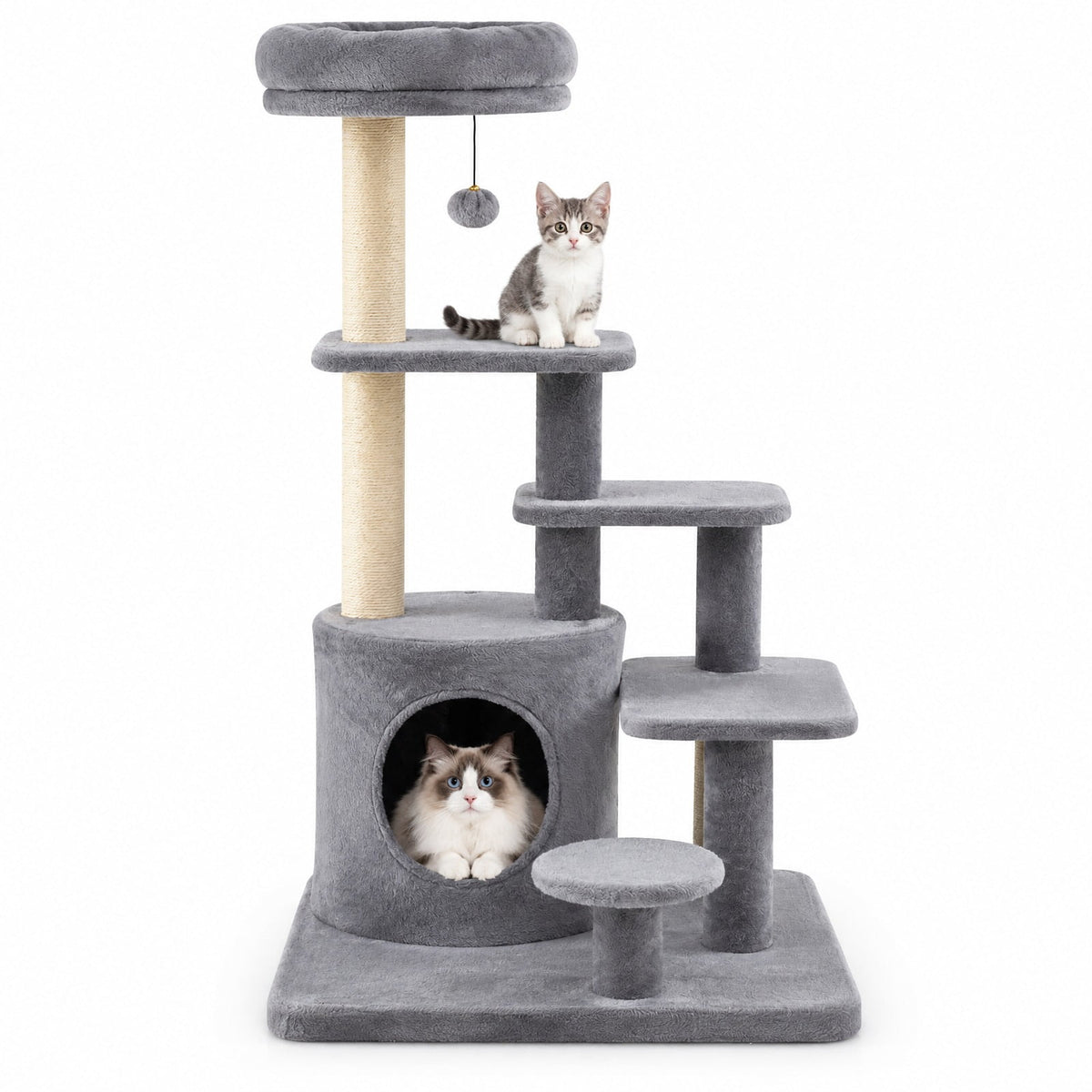 Airfind 40 Inch Multi-level Cat Tower with Condo and Dangling Jingle Ball, 33 lbs Capacity, Engineered Wood Sisal Plush Fabric Frame, Gray
