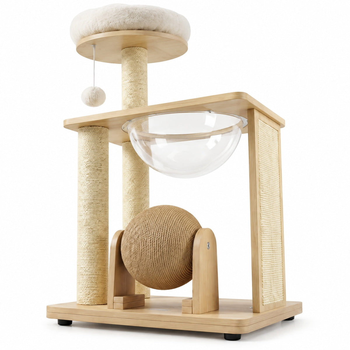 Airfind 40 Inch Solid Wood Cat Tree featuring Space Capsule and Sisal Posts and Scratching Board, 23.5 Inch x 21 Inch x 40 InchBase Footprint, Natural