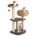 Airfind 41 Inch Rattan Cat Tree with Napping Perch, Water hyacinth straw sisal rope particle board Frame, Brown