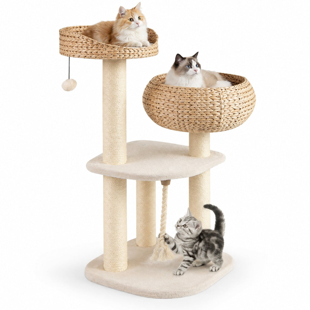 Airfind 41 Inch Rattan Cat Tree with Napping Perch, Water hyacinth straw sisal rope particle board Frame, White