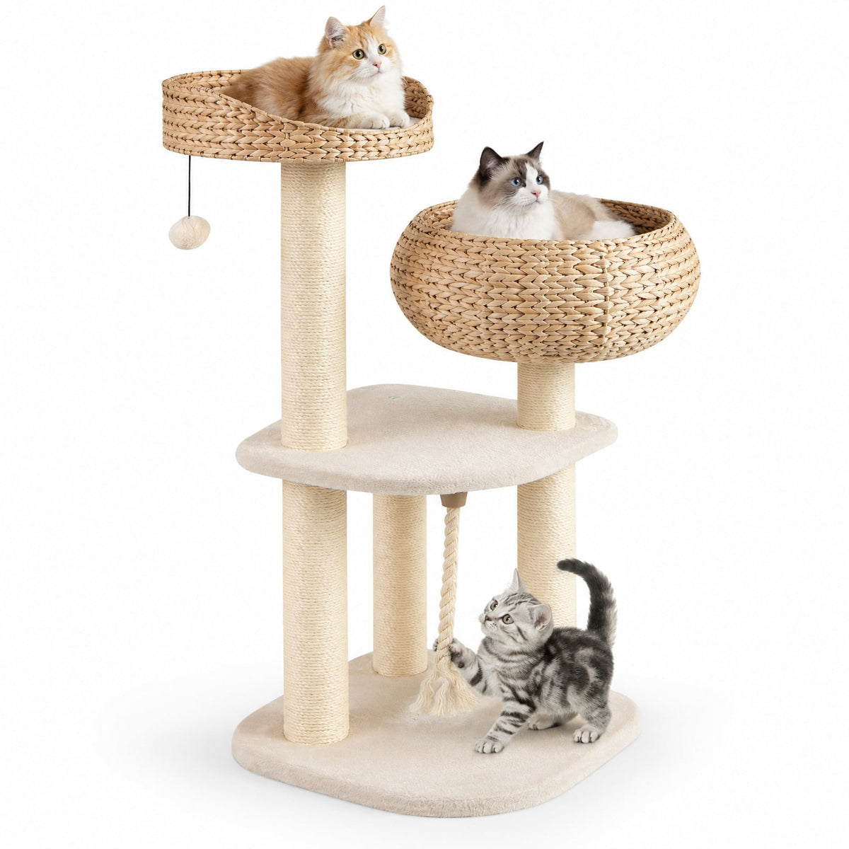 Airfind 41 Inch Rattan Cat Tree with Napping Perch, Water hyacinth straw sisal rope particle board Frame, White