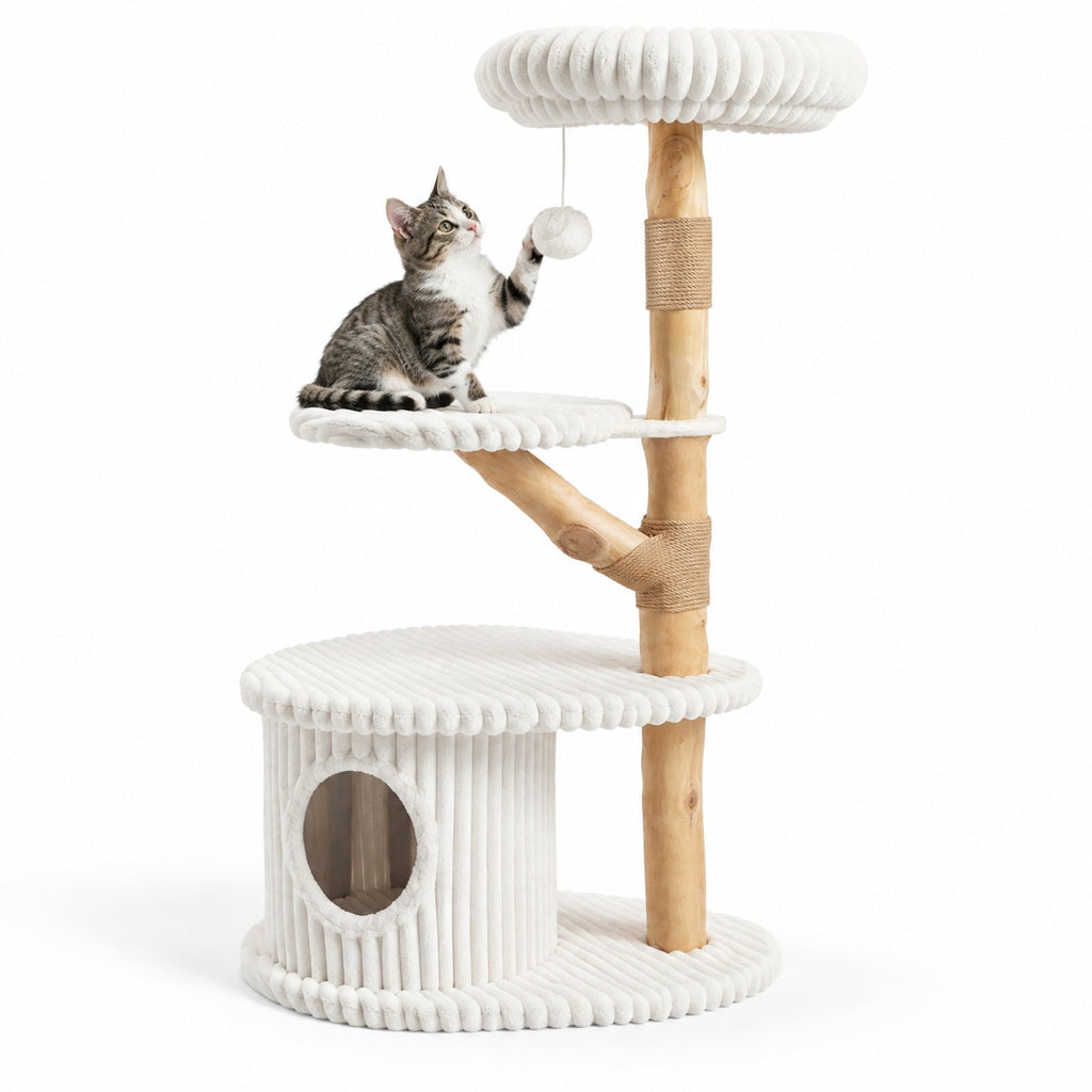 Airfind 41 Inch Tall Modern Cat Tower with Real Wood Branches Scratching Posts for Indoor, Beige, a distinctive shape and rich wood grain