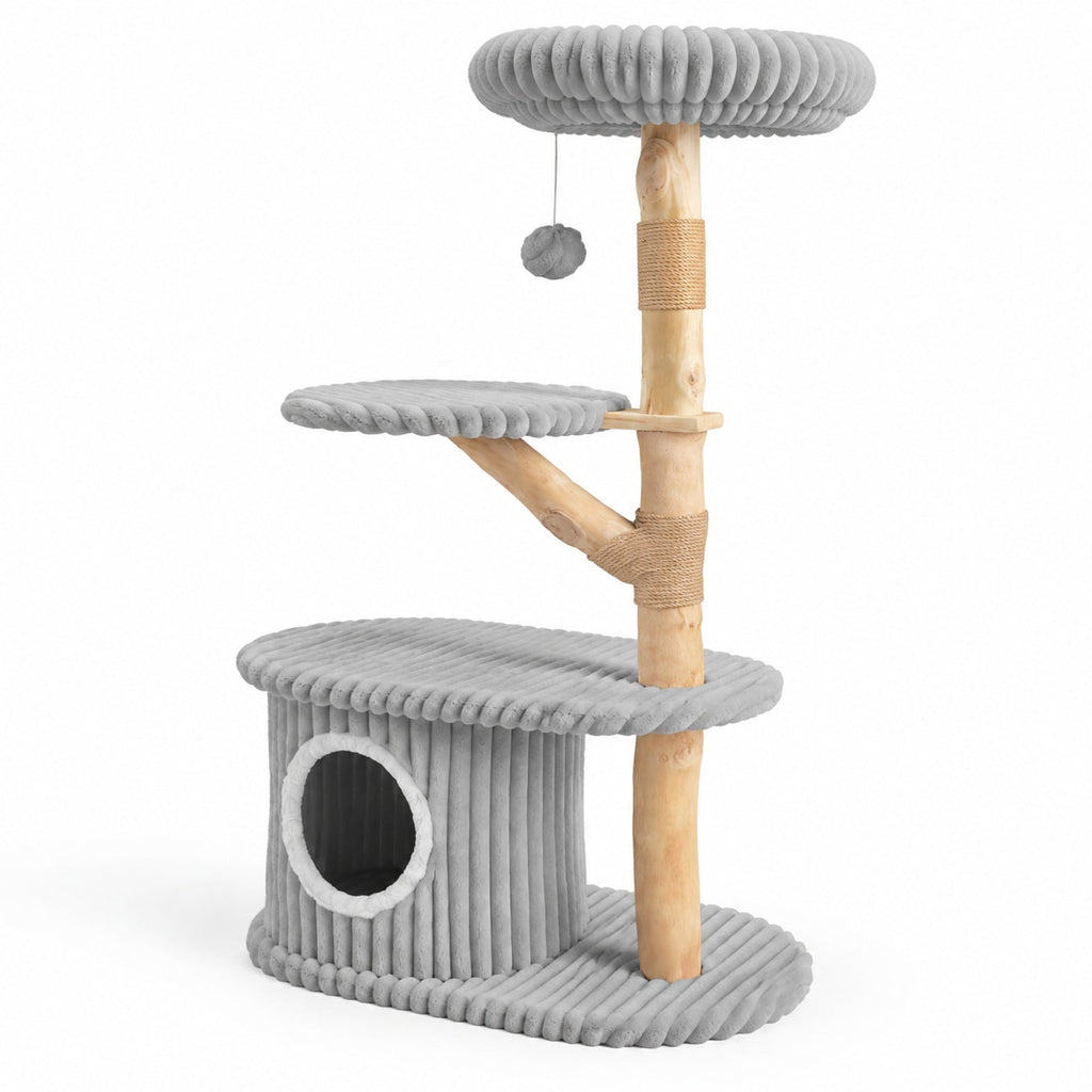 Airfind 41 Inch Tall Modern Cat Tower with Real Wood Branches Scratching Posts for Indoor, Gray, a distinctive shape and rich wood grain