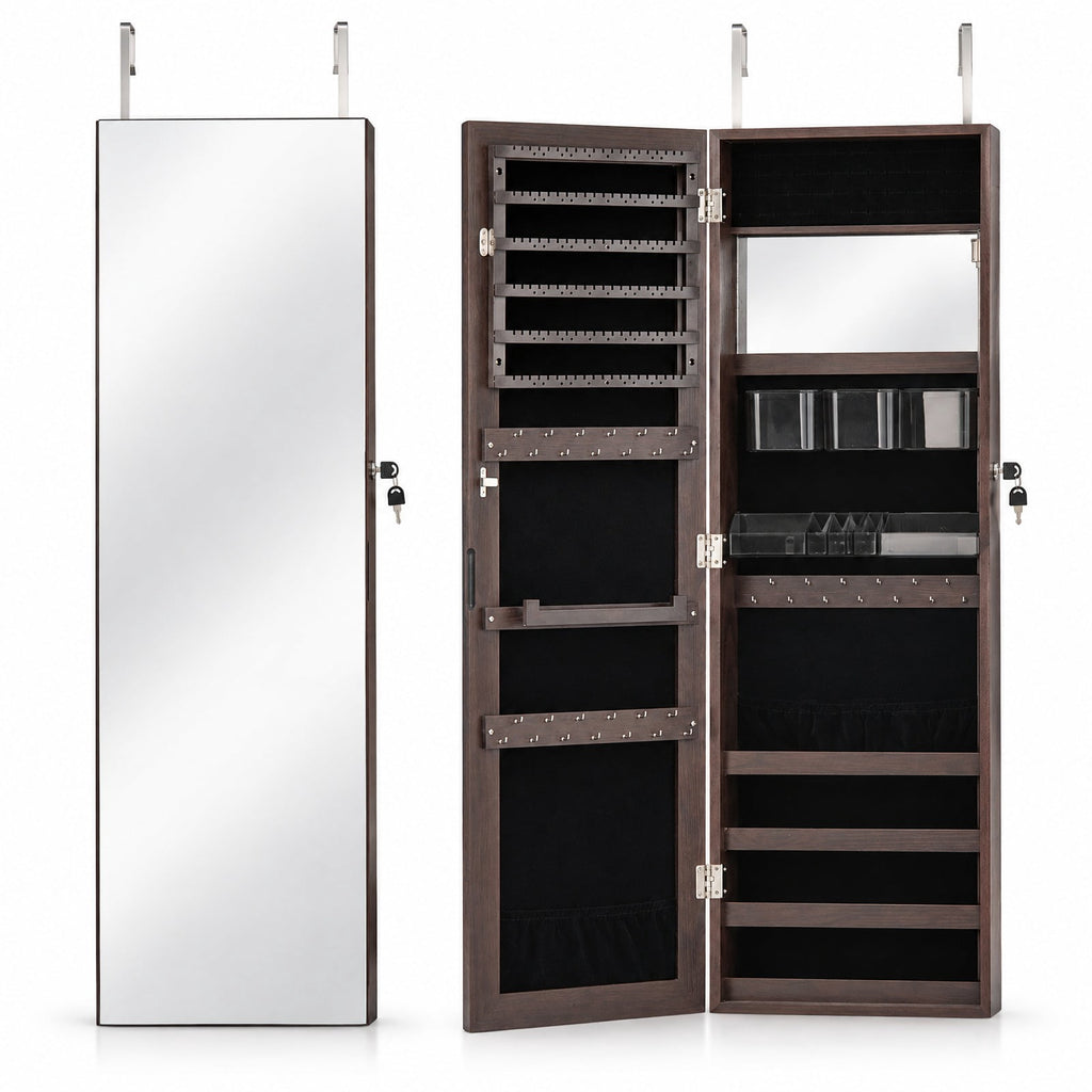 Airfind 43.5 Inch Jewelry Mirror Cabinet with Full-length Mirror and Adjustable Hangers, MDF Frame, Dark Brown