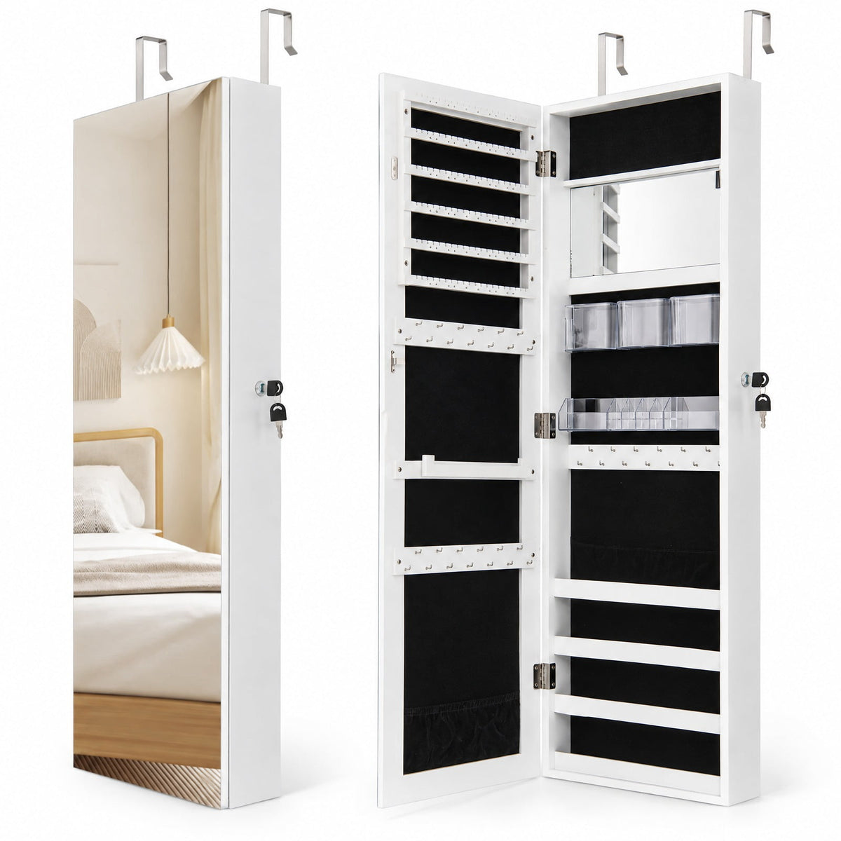 Airfind 43.5 Inch Jewelry Mirror Cabinet with Full-length Mirror and Adjustable Hangers, MDF Frame, White