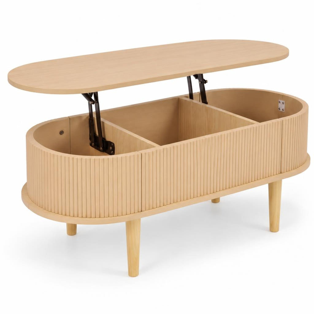 Airfind 43.5 Inch Oval Lift Top Coffee Table with Storage and Fluted Design for Living Room, 200 lbs Capacity, Engineered Wood Solid Wood Frame, Natural