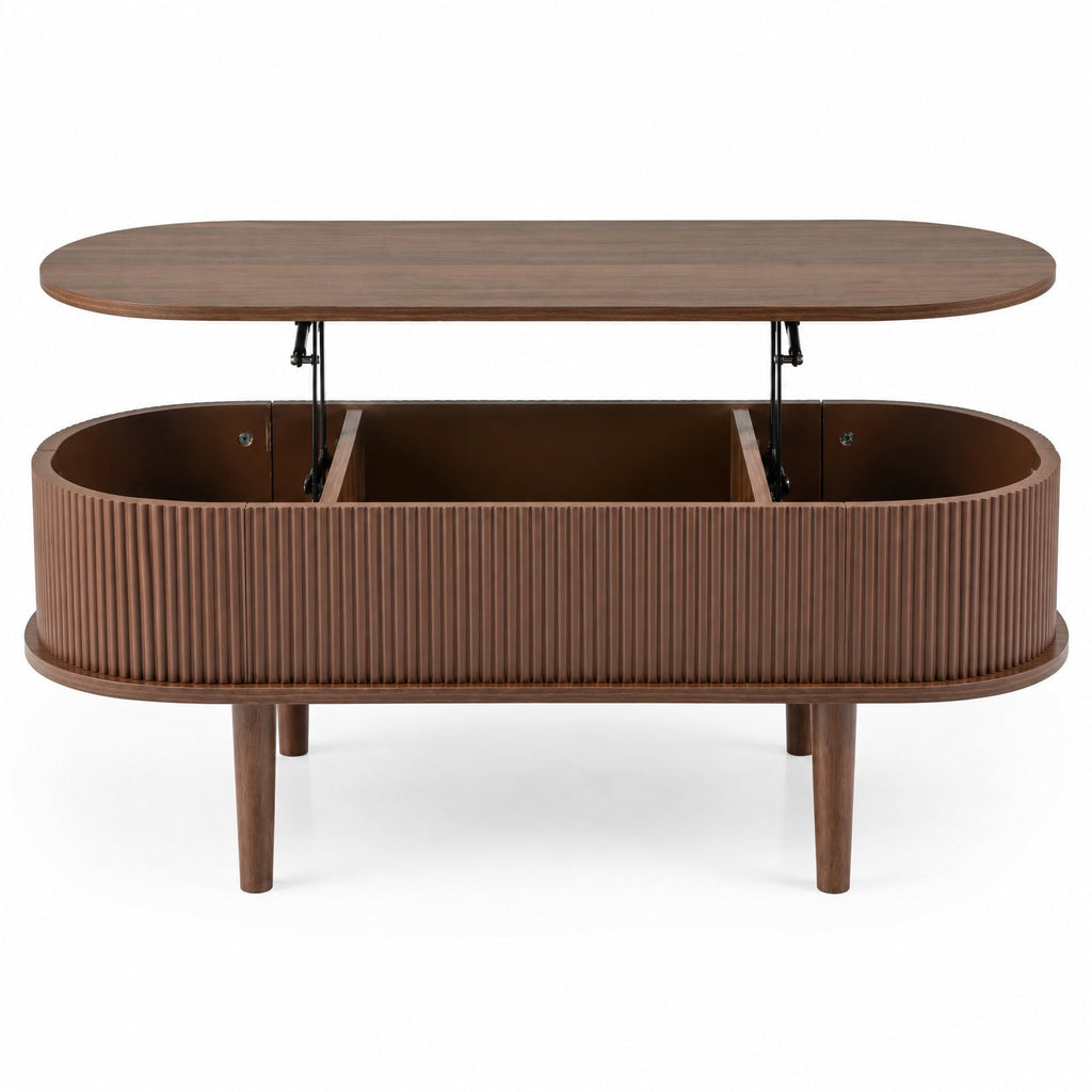 Airfind 43.5 Inch Oval Lift Top Coffee Table with Storage and Fluted Design for Living Room, 200 lbs Capacity, Engineered Wood Solid Wood Frame, Walnut