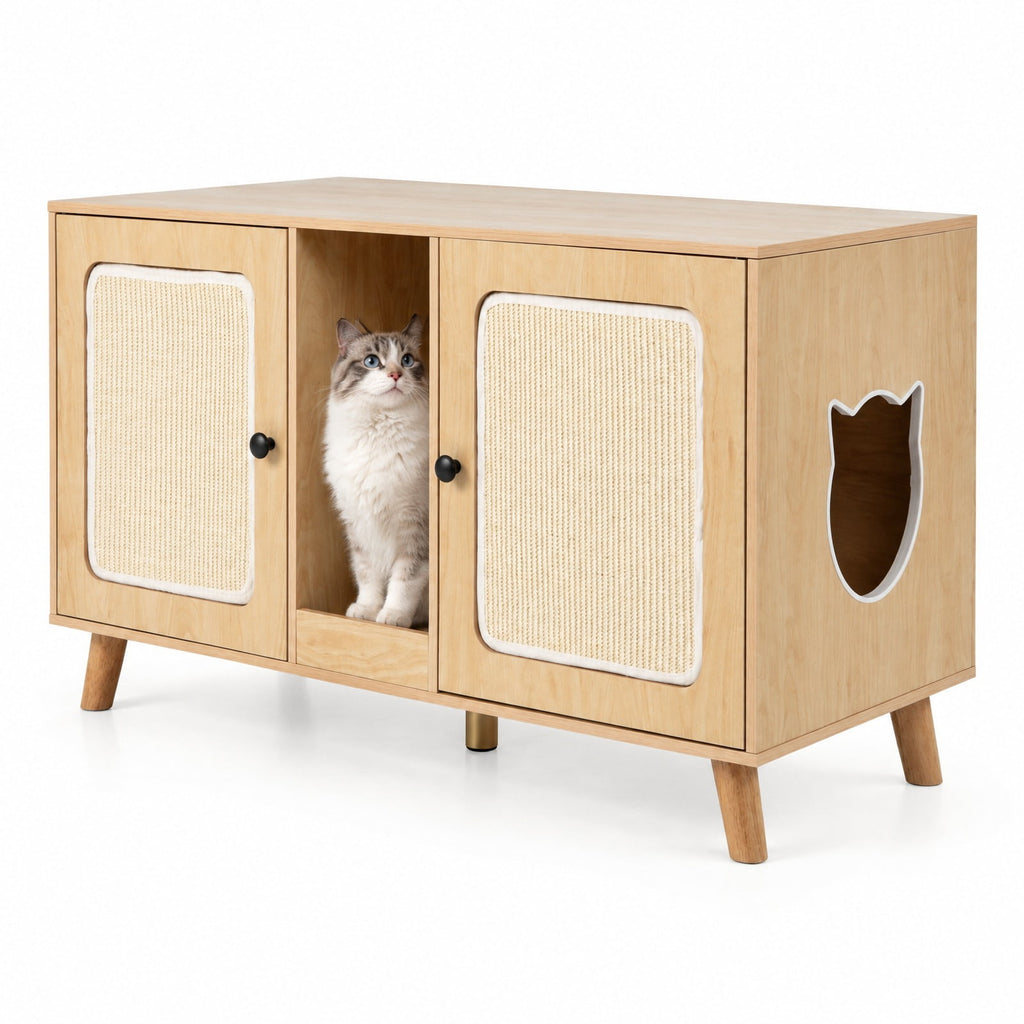 Airfind 43 Inches Cat Litter Box Enclosure with Double Rooms and 2 Sisal Scratching Mats, Engineered Board Frame, 43 x 20 x 24 Footprint, Natural