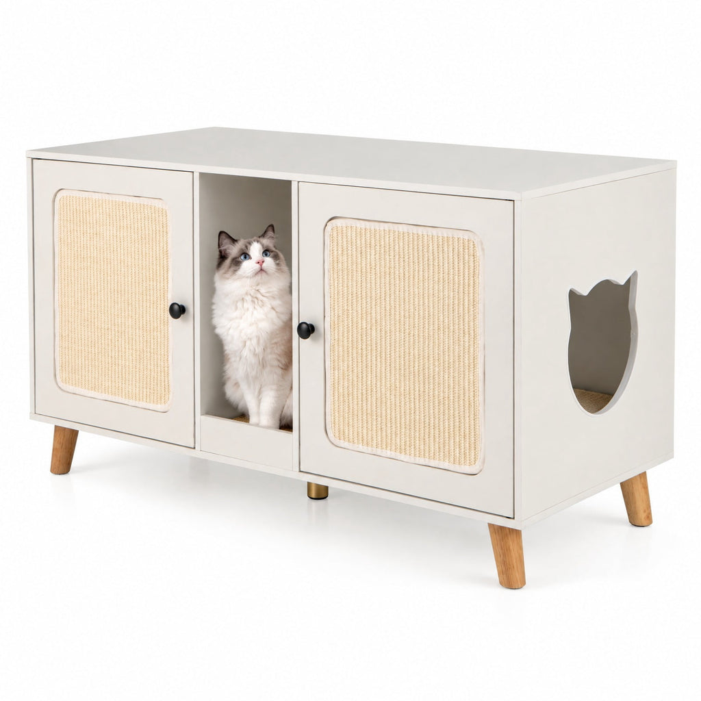 Airfind 43 Inches Cat Litter Box Enclosure with Double Rooms and 2 Sisal Scratching Mats, Engineered Board Frame, 43 x 20 x 24 Footprint, White