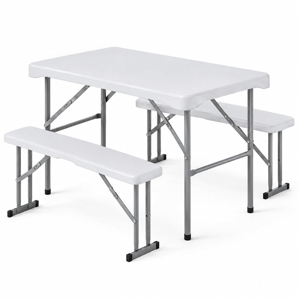Airfind 44 Inch HDPE Folding Picnic Table Set with 2 Benches, 110 lbs Capacity, HDPE Metal Frame, 44 Inch x 24 Inch x28 Inch Footprint, White