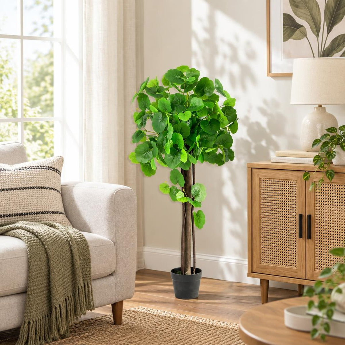 Airfind 44 Inch Artificial Tree with Adjustable Branches for Decor, Pongee Fabric PE PP Eucalyptus Wood Frame, Green