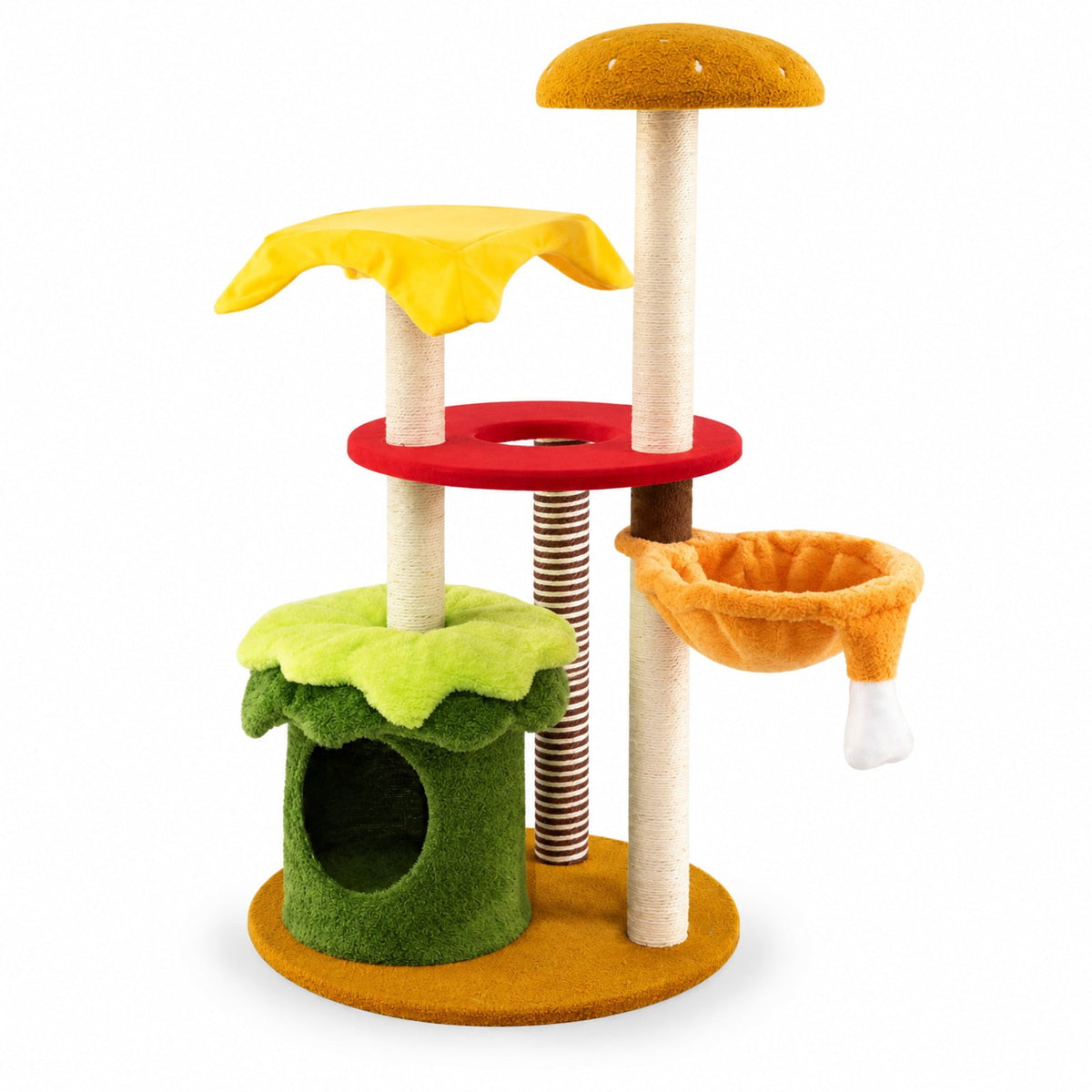 Airfind 46 Inch Tall Cat Tree Multi-Level with Padded Perch and Hanging Basket Bed, 22 lbs Capacity, 24 Inch x 46 Inch (Dia. x H) Condo Footprint, Yellow