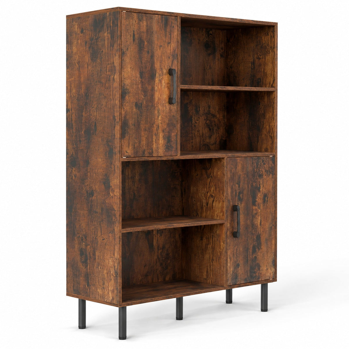 Airfind 47 Inch Storage Cabinet Freestanding Bookcase with 2 Doors and 4 Open Shelves, 176 lbs Capacity, Engineered Wood MDF Metal Frame, Brown