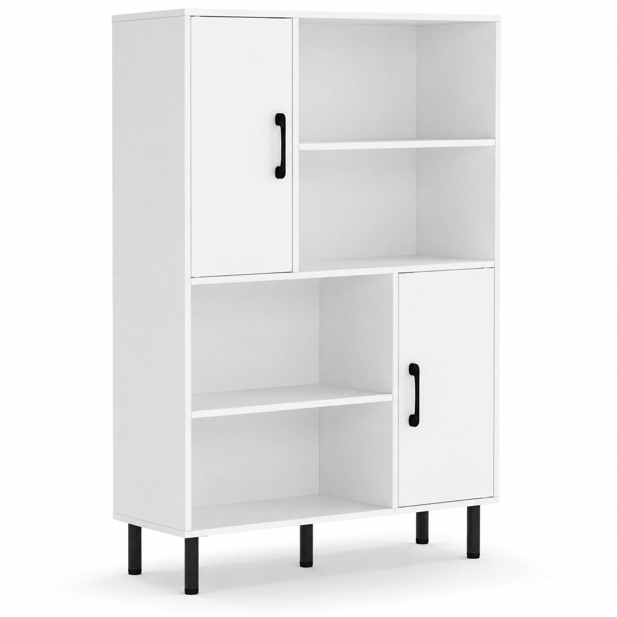 Airfind 47 Inch Storage Cabinet Freestanding Bookcase with 2 Doors and 4 Open Shelves, 176 lbs Capacity, Engineered Wood MDF Metal Frame, White