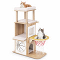 Airfind 47 Inches Wooden Cat Tree with 2-Story Cat Condo and Basketball Hoop Hammock, 31in x 15in x 47inTop Perch Footprint, Natural