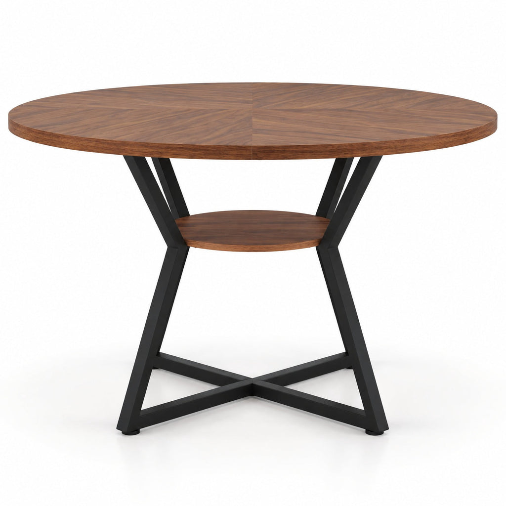 Airfind 47in Round Dining Table for 4 with Storage Shelf, 200 lbs Capacity, MDF Metal Frame, 47in x 30in Footprint, Brown