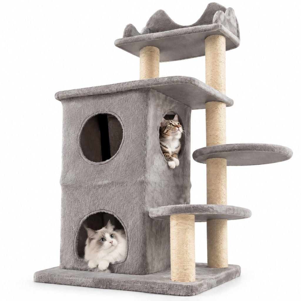 Airfind 48.5 inch Cat Tree with 2-story Condo and 3 Hideaway Caves for Large Cats, Engineered Wood Sisal MDF Plush Fabric Frame, Gray
