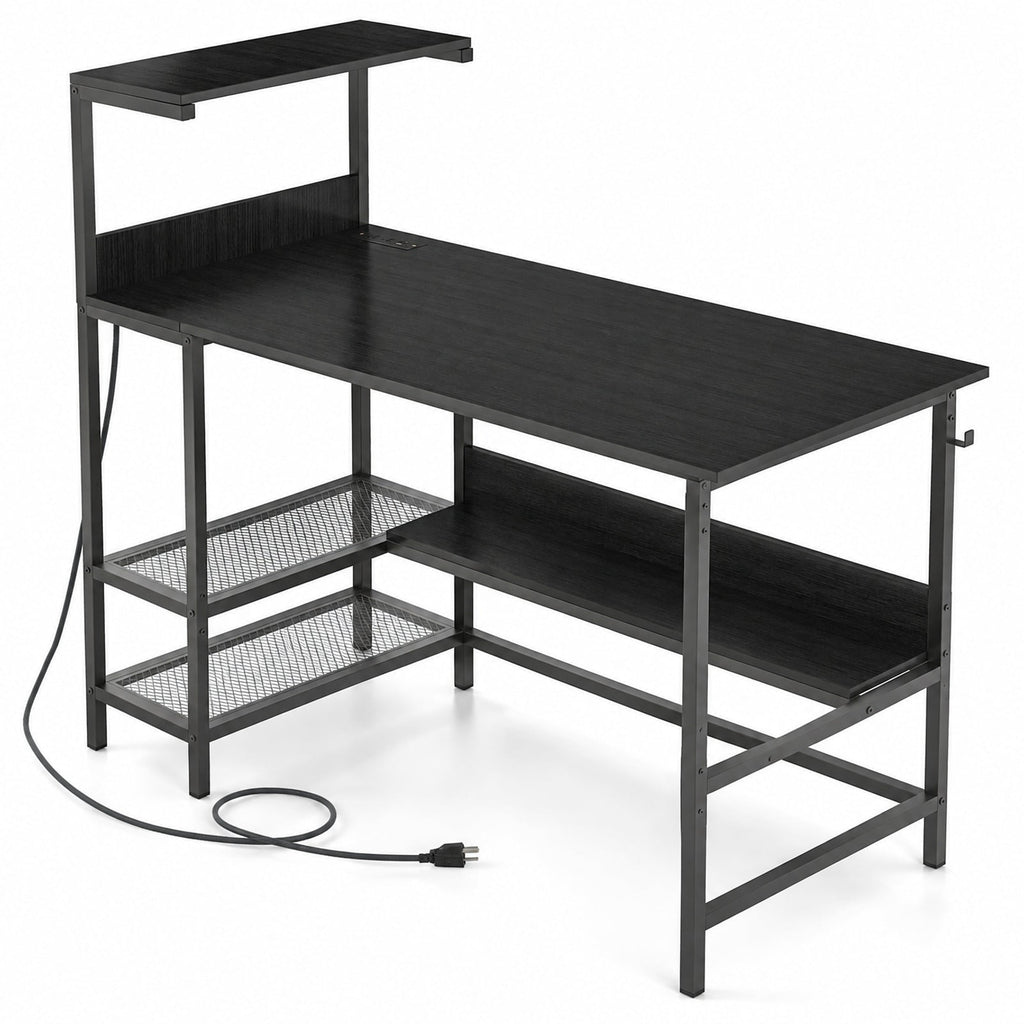 Airfind 48 Inch Computer Desk with Power Outlets and Storage Shelves, 88 lbs Capacity, Engineered Wood Metal Frame, 48 Inch x 23 Inch x 43.5 Inch Footprint