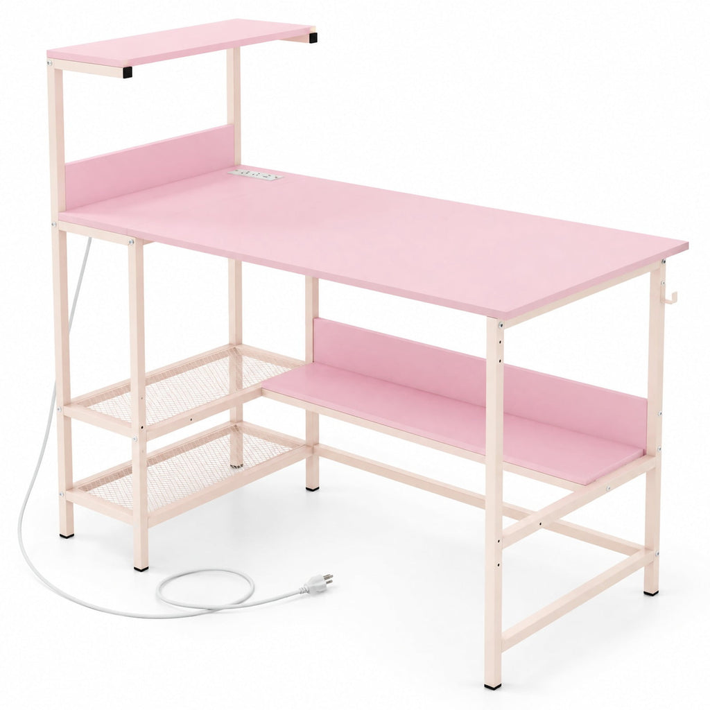 Airfind 48 Inch Computer Desk with Power Outlets and Storage Shelves, 88 lbs Capacity, Engineered Wood Metal Frame, 48 Inch x 23 Inch x 43.5 Inch Footprint