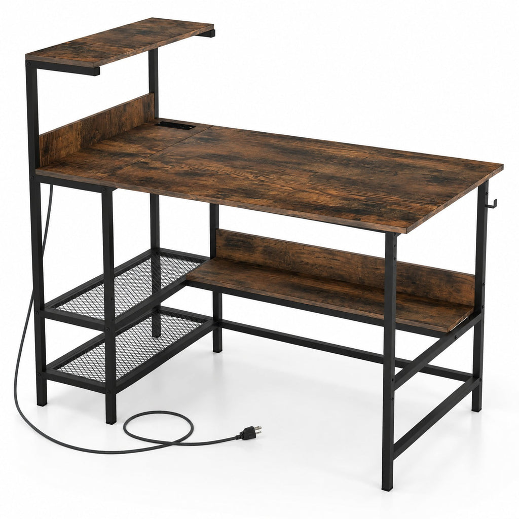 Airfind 48 Inch Computer Desk with Power Outlets and Storage Shelves, 88 lbs Capacity, Engineered Wood Metal Frame, 48 Inch x 23 Inch x 43.5 Inch Footprint