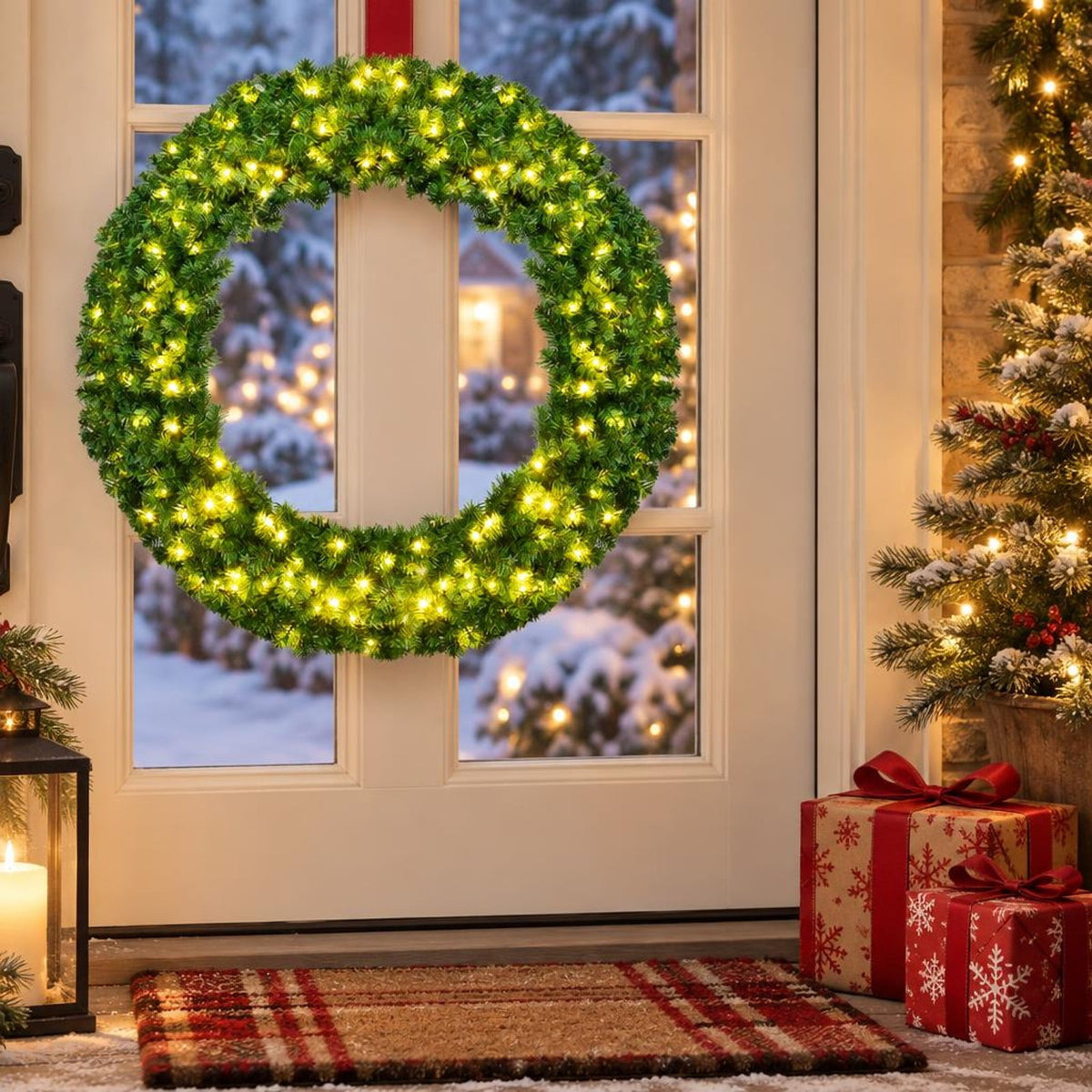 Airfind 48 Inch Pre-Lit Artificial Christmas Wreath with 200 Warm LED Lights and 714 PVC Branch Tips, Battery Operated, Green
