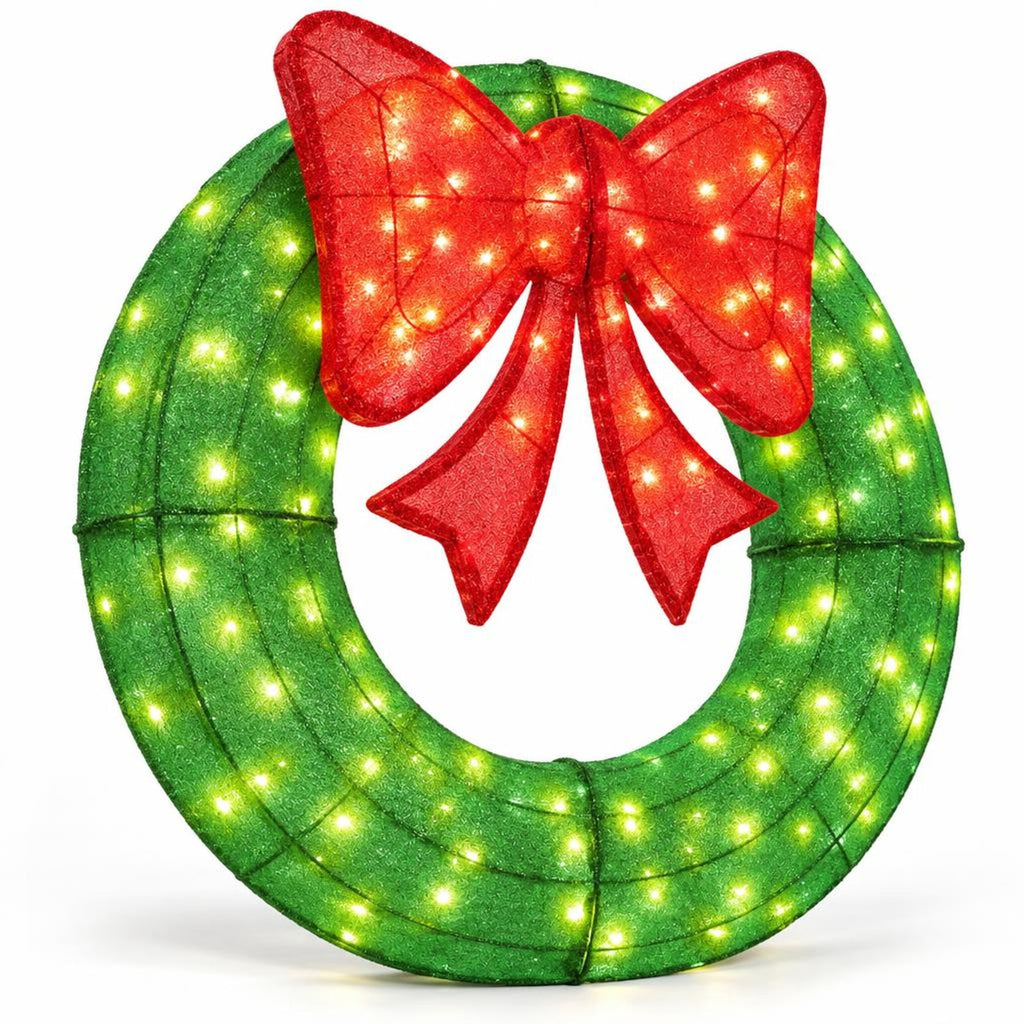 Airfind 48 Inch Pre-Lit Lighted Christmas Mesh Wreath with Bow and 200 LED Bulbs, Metal Mesh Fabric Frame, 29 x 30 Footprint, Green