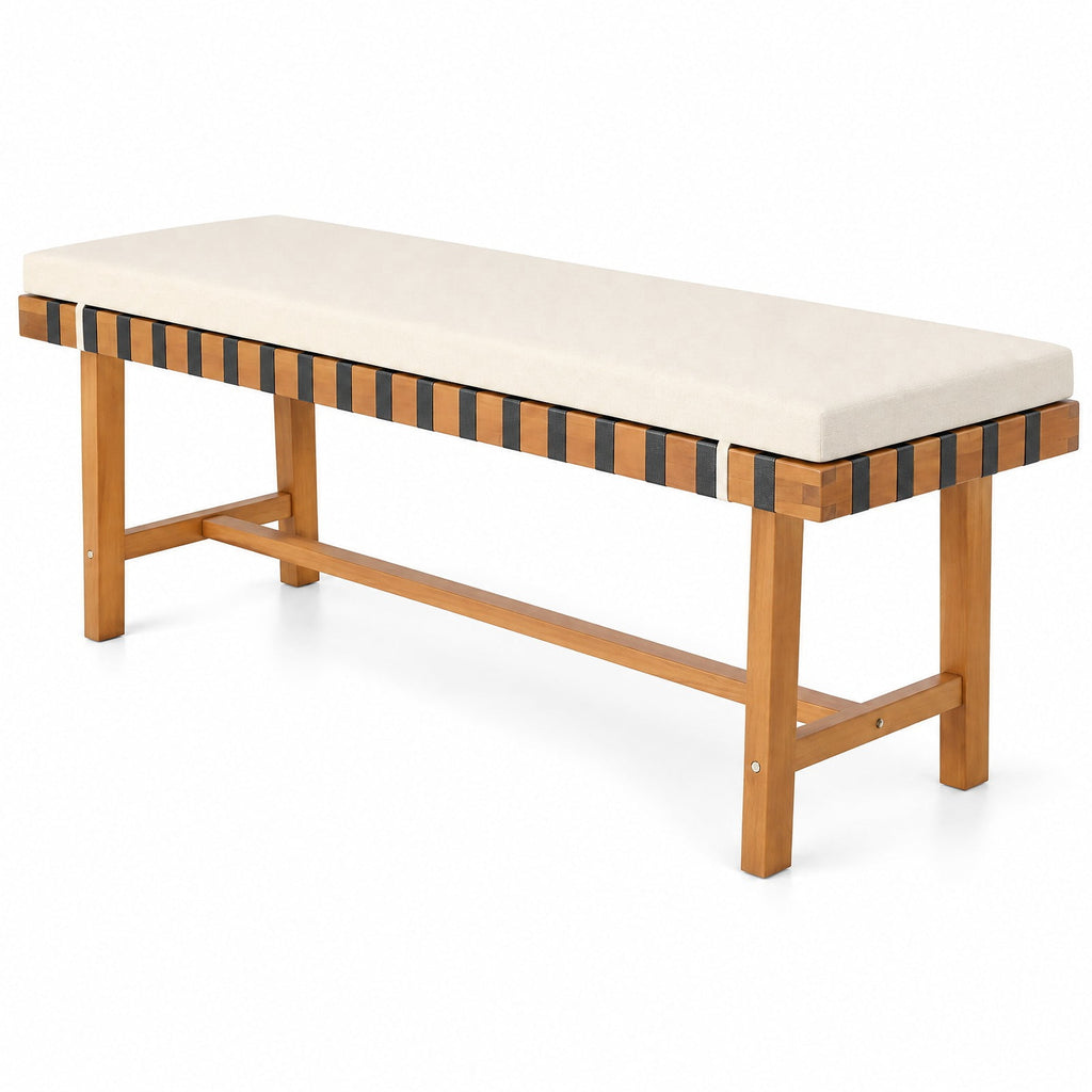 Airfind 48 inch Acacia Wood Outdoor Bench with Thick Padded Seat Cushion, 800 lbs Capacity, Acacia Wood Weaving Ropes Polyester Fabric Sponge Frame
