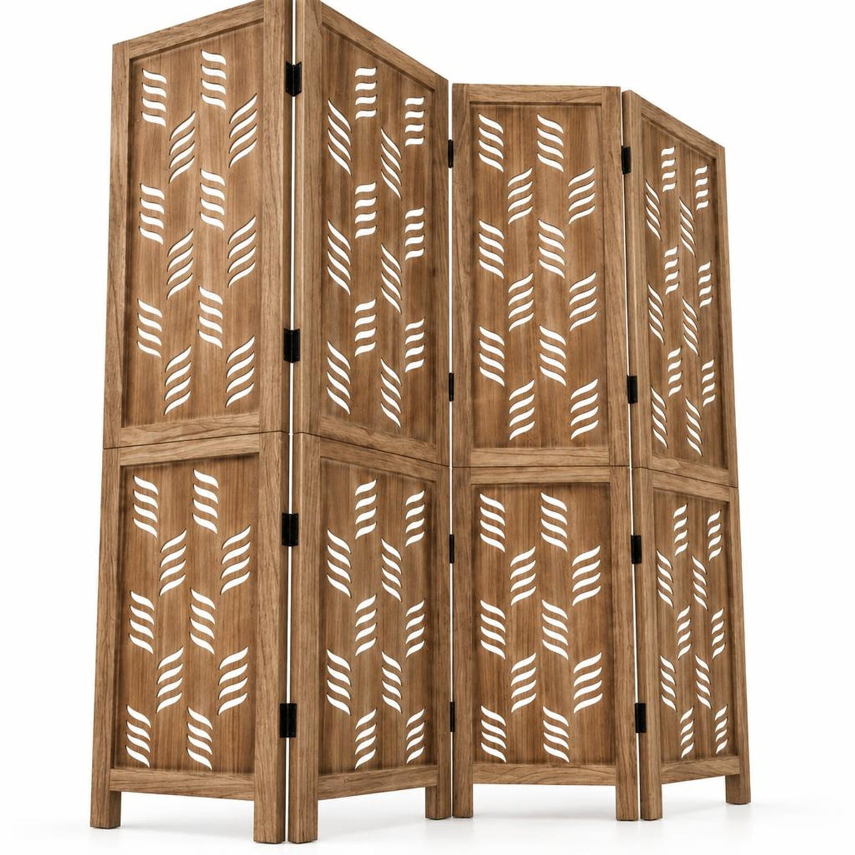 Airfind 5.5 FT Tall Room Divider 4 Panels with Wave Cutout Paulownia Frame for Room, Paulownia Wood Metal Frame, 62 x 67 Footprint, Brown