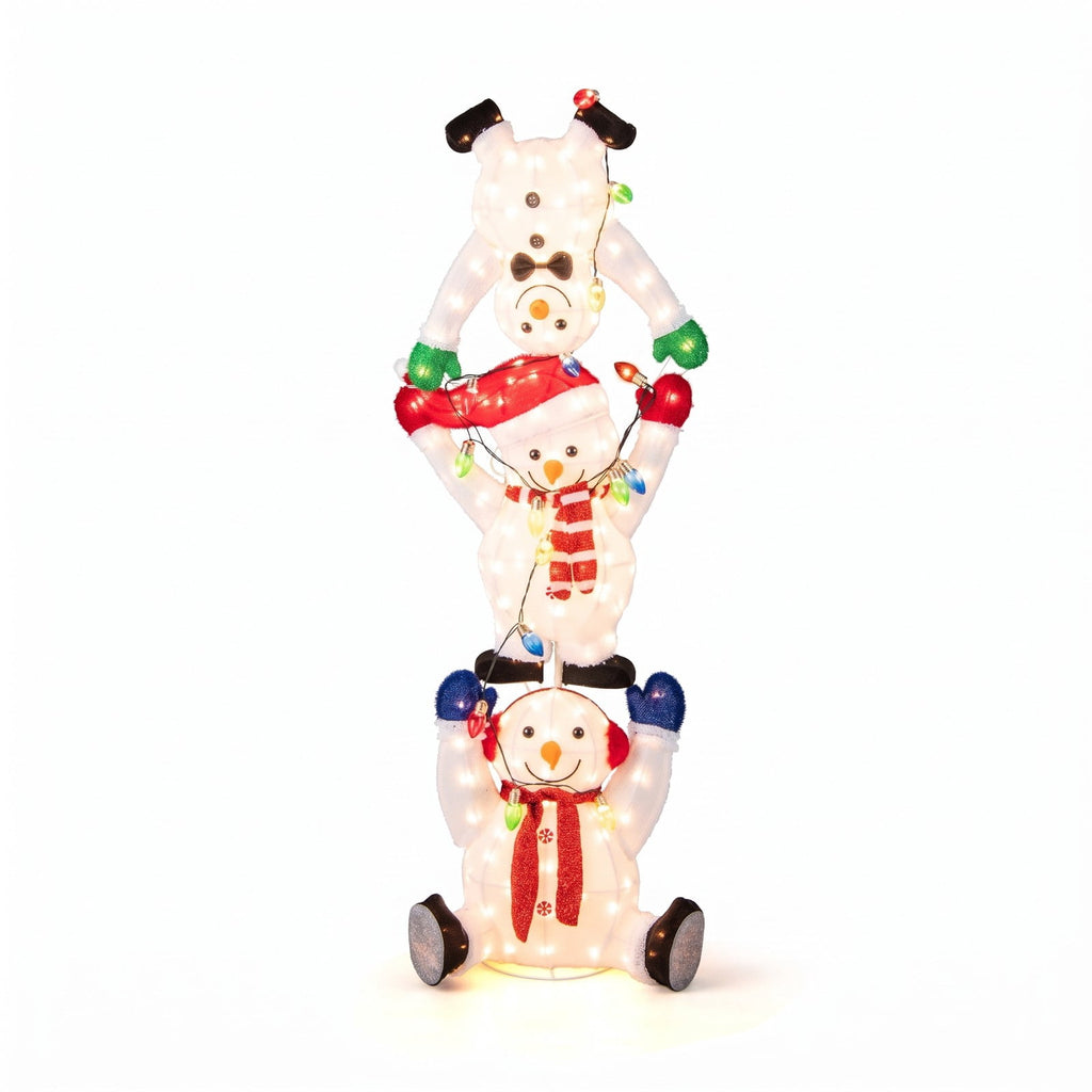 Airfind 5.6 Feet Lighted Stacked Snowmen Christmas Decoration, Plush Fabric Metal Frame, White, Overall Dimensions 1.9 x 1.3 x 5.6 ft (L